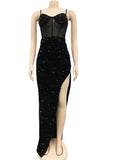 Sexy Gold Sequined High Split Maxi Dress Women Summer Strap Mesh Patchwork Bodycon Clubwear Long