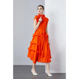 Zingj Ear Draw Pleattie Irregular Hem Belt Fold Long Dress Female Commuting Foreign Style Stand Collar