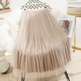 Both Sides Wear Pearls Mesh Skirt Women 2025 Summer Velvet High Waist Long Skirts Woman Solid Color A Line Pleated Skirts 211-0-Outfit