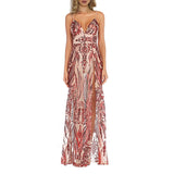 2022 Summer Women Long Party Dress Spaghetti Strap Transparent Mesh Maxi Sexy Backless Gold Sequin