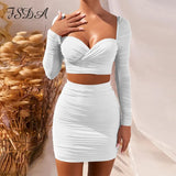 2021 Two Piece Set Long Sleeve Crop Top And Bodycon Mini Skirt Ruched Women Set Autumn Sexy White Club Outfit