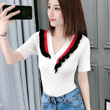 Short-sleeved Knitted Sweater Female Stitching Slim Button Color Matching V-neck Sweater Pullover Women Spring
