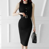 Slim Simple Stretch Knitting Dress New Summer Women's Dresses Sleeveless Single Breasted Belt Pencil