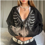 Korean Style Loose Skeleton Zip Up Hoodie Goth Grunge Long-Sleeved Hooded Jacket Retro Black Oversized Sweatshirt