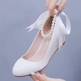 Cm White Beads Thick Bottom Heels Mary Jane's Shallow Mouth Single Shoe Ribbon Thin Wedding Dress High