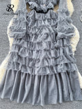Autumn Sweet Cake Dress Transparent Belt 2023 O Neck French Bow Design Diamonds Mesh Gentle Temperament Long
