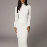 Winter Base French Turtleneck High Fold Waist Pleated Thin Temperament Solid Color Long Sleeve Dress Long Dresses