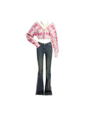 Argyle Heart Pattern Sweaters Long Sleeve Cardigan 2023 Autumn Winter Pink Sweater Women's Collar Button Cardigan