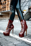 Onlymaker Women's Round Toe Wine Red Platform Side Zipper Thin Heel Thick Heel Short Boots Fashion Lady Booties Big