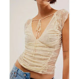 Women Ruched Cami Tops Lace Crossover Top And Cinched Cami Top Set T-Shirts For Summer