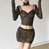 Autumn Women's New Sexy Hot Babes Leopard Print Tops Lace Splicing Skirt Dress Suit