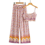 Queens Pink Floral Print Women Two Piece Outfits Sleeveless Tops Bohemian Wide Leg Pants 2 Pieces Rayon Cotton Boho