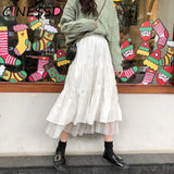 Tulle Midi Skirts Womens Autumn Elastic High Waist Mesh Tutu Pleated Skirts Female Black White Long Skirt