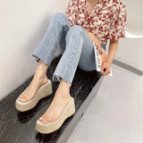 Wear Women's Spot Style Transparent Glass Glue Fashion Slope Heels Weave Thick-Soled Cool