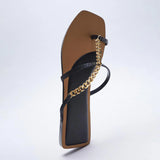 ZAR Brand 2022 New Summer Slippers Women Luxury Fashion Square Toe Metal Chain Flat-Heeled Sandals Woman Shoes Plus Size
