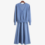 new spring and autumn long-sleeved v-neck top two-piece suit sweater dress wild loose knit cardigan