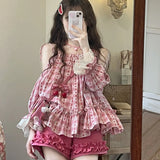 Kawaii Plaid Two Piece Set Women Sweet Loose Ruffled Tops Casual Shorts Suit Summer Y2k Clothes Sutit Korean