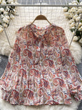 Korean Print Chiffon Shirt Bow Neck Long Sleeves Loose Leopard Top Casual Paisley Vintage Floral Blouse Spring