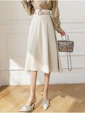 Women's Skirts High Waist Mid-calf A-line Pockets OL Skirt Solid Skirts for Women Vintage Fashion 2023 Summer Pleated Belt