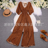 Zingj Summer Women's Wear 2023 New Temperament Wave Point V Neck Show High Waist Casual Wide Leg Jumpsuit
