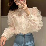 Lace Blouses Stand Collar Tops See Through Shirt Women Blouse Korean Clothing Pearl Buckle Loose Long Sleeve Shirt
