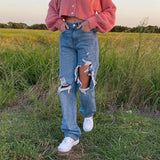 Hollow Out Distressed Ripped Jeans for Women Casual Vintage Skinny High Waisted Denim Pants Capris High