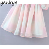 Sweet Women Multicolor Tie Dye Princess Party Dresses Sexy Square Neck Puff Sleeve Organza Dress Summer Short