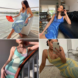 2021 Print Knit Bodycon Dress Women Green Summer Hollow Out Sexy Sleeveless Spaghetti Strap Beach Midi Dresses