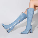 Fashion Knee High Boots Autumn Winter Women Pu Leather Square High Heel Western Boots Pointed Toe Zipper Woman Shoes