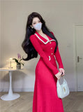 Winter Vintage Knitted Midi Dresses for Women 2023 Elegant Fashion Turn Down Collar Long Sleeves Sweater Female