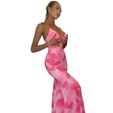 Zingj Women's Summer New Fashion Print Open Back Hanging Neck Strap Slim Fishtail Dress Long Skirt