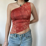 Vintage Chinese Style Print Crop Top Asymmetric Slim Fit One Shoulder Vests E-girl Aesthetic Fashion Women Summer Tank
