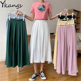 Literary Vintage Long Pleated Skirt Women High Waist Solid Color A Line Skirt Student Clean Solid Color White Wild