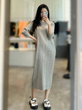 Folded New Denim Print Dress Women's Long Sleeves In The Long Fashion High-End Temperament