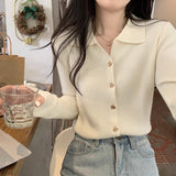 Zingj New Polo Collar Button Thread Knitted Sweater Chic French Retro Inner Long-Sleeved
