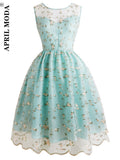 Embroidery Lace Dress V Neck Sleeveless A-Line Party Jurken Casual Swing Sundress Mesh Women Vintage Formal