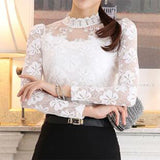 Summer Stand Collar Sexy Lace Hook Jacquard Hollow Out Pullover T-shirt Top Women Elegant All-match Long Sleeve Slim