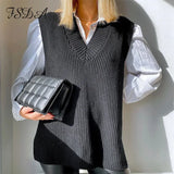 Women V Neck Sleeveless Sweater Vest Knitted 2020 Jumper Autumn Winter Split White Korean Preppy Pullover Loose Top