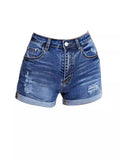 Broken Hole Flip Edge Stretch Denim Shorts Woman-Outfit