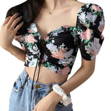 Fashion Women Floral Print Drawstring Blouses Shirt Women Short Sleeve French Vintage Bandage Lace Tops Female