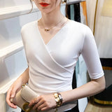 Summer Thin Women Crossed V Neck Mesh T Shirts Lady Elegant Elastic Base Folds Tops Tees Female Half Sleeve