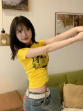 Grunge Letter Print Casual Crop Tops Summer Vintage Punk O Neck Slim T-shirts New Y2k Aesthetics Harajuku Short Sleeve