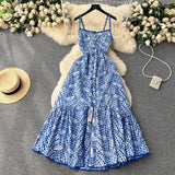 Style Printing Suspender Dress Women's Summer Hollowed-Out Fork Design Sense Of Minority Chic Super Fairy