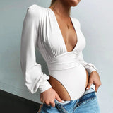 Autumn Winter Rompers Women Jumpsuits Sexy Club V Neck High Waist Solid Bodycon Regular Long Sleeve Female Bodysuits