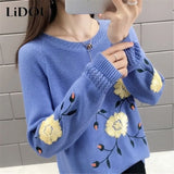 Winter Loose Casual Embroidery Sweat Sweater Lady Long Sleeve All-match Pullover Women Elegant Fashion Knitting