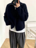 Zingj Zipper Autumn Winter Collar Solid Color Lazy Wind Wear Sweater Coat Jacket Korean Version Soft Waxy Women-Outfit