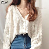 Women Elegant Spring Hollow Out Chic Long Sleeve Loose V-neck Feminine Tender Green White Street Outerwear Cozy New