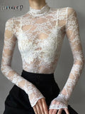 Elegant Chic White Lace T-shirt Vintage y2k Turtleneck Full Sleeve Transparent Crop Top Slim Fit Shirt Ladies