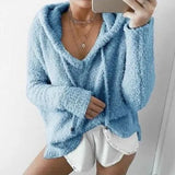 Autumn Top Women Casual Mohair Hooded Pullovers V Neck Fleece Sweater Fashion Sweet Loose Warm Winter Mohair Tops