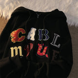 Streetwear Vintage Print Letter Hooded Zip Hoodie Womens 2022 Loose ins Couples y2k Tops Hip Hop Cardigan Hoodie